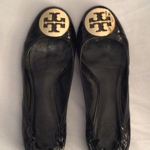 Original Tory Burch black patent Reva flats (gold medallion)